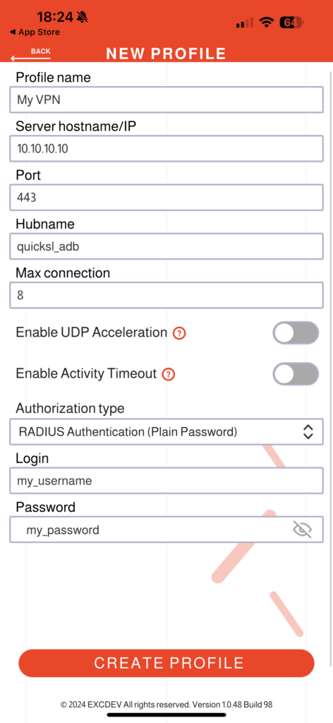 Once all fields are filled, tap Create Profile to save your configuration.