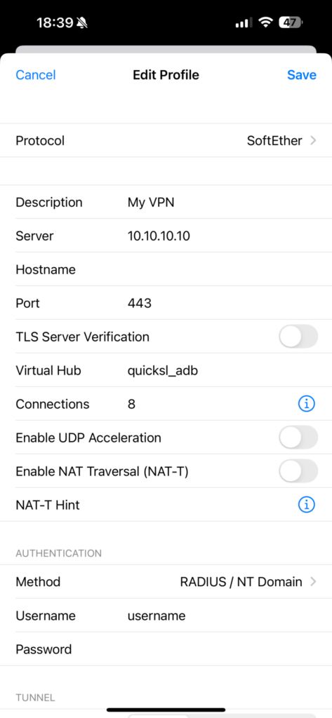 Fill in the server details, protocol, credentials, and any advanced options per your VPN provider’s instructions.