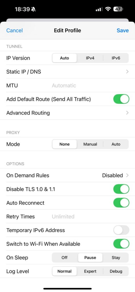 Fine-tune the tunnel and connection behavior in this settings section.